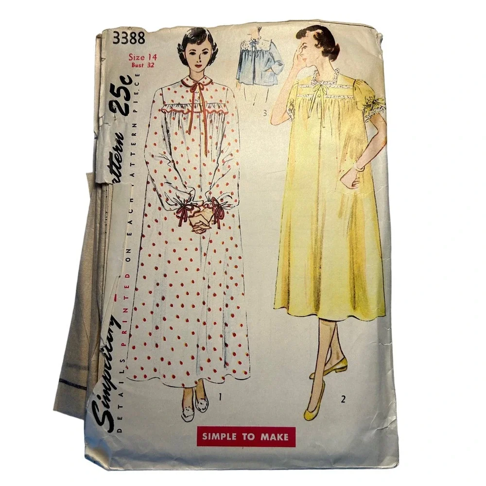 Simplicity Vintage 1950's Pattern #3388 Misses/Women's Nightgown 2 Lengths Sz 14